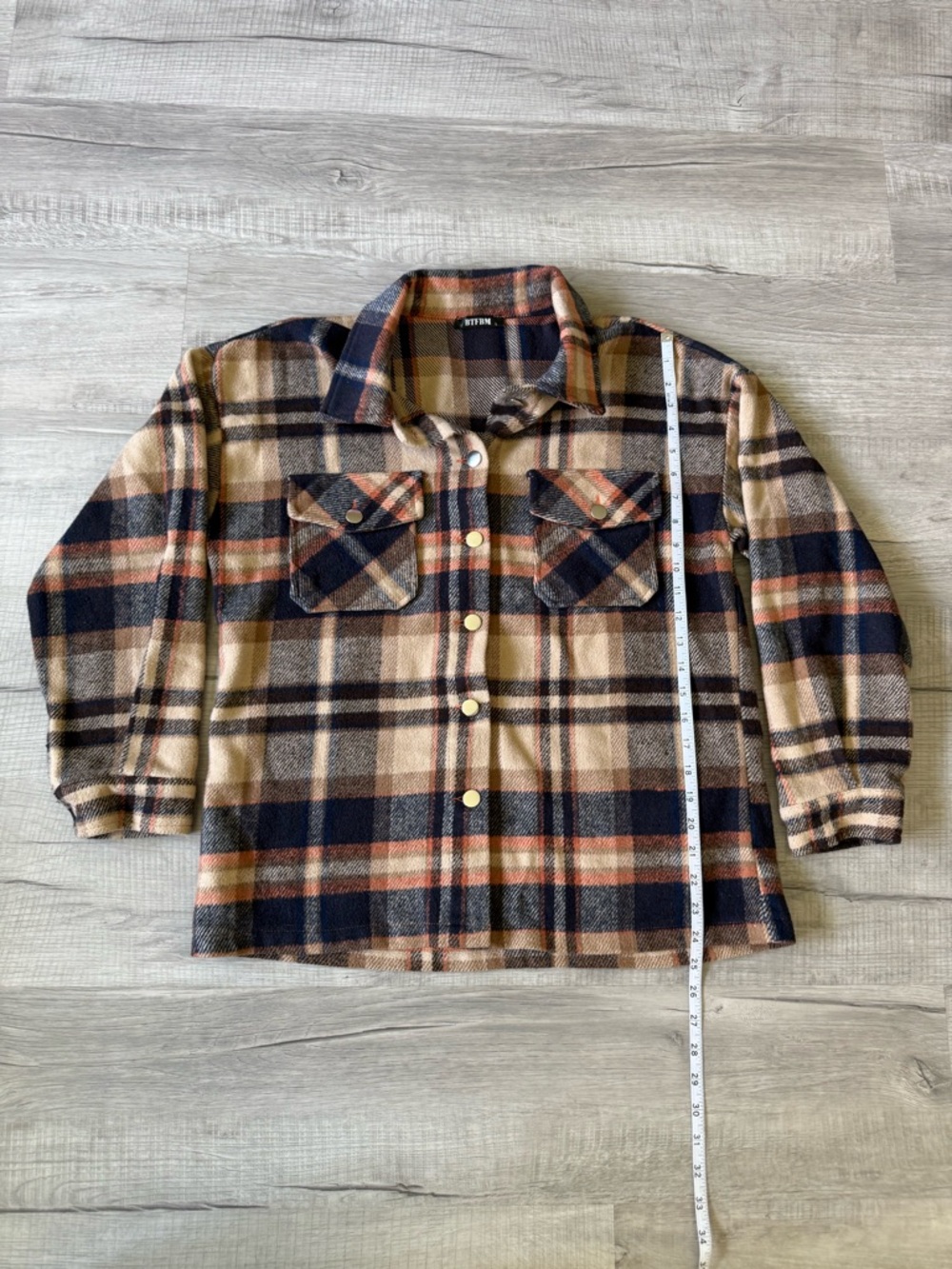 Plaid Button-Down Shacket in Tan and Navy
